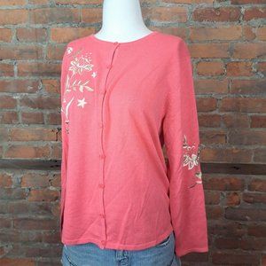 Vintage 1990s Yi Lin Cardigan Sweater Lightweight Coral Tan Embroidery Size XS